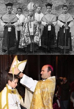 Obispillo de Montserrat / El Opispo de Palencia coloca la mitra sobre el obispillo / M. Brágimo