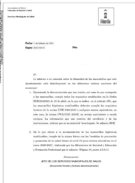 Pérez: 'Las mascarillas que se han entregado a los escolares cumplen de forma escrupulosa la normativa de seguridad y protección'