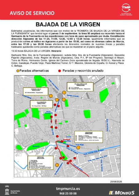El Ayuntamiento habilitará este jueves paradas alternativas de autobús ante los cortes por la bajada de la Virgen de la Fuensanta