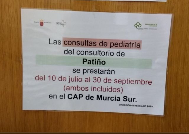 Ahora Murcia critica el cierre de pediatría en Patiño y Progreso