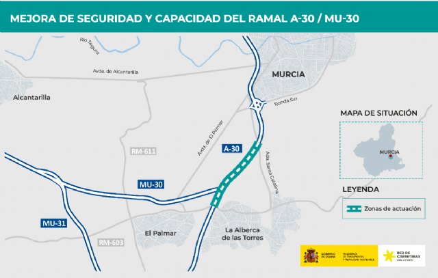 Transportes adjudica por casi 12 millones de euros las obras para mejorar el ramal de incorporación de la A-30 a la MU-30 en Murcia