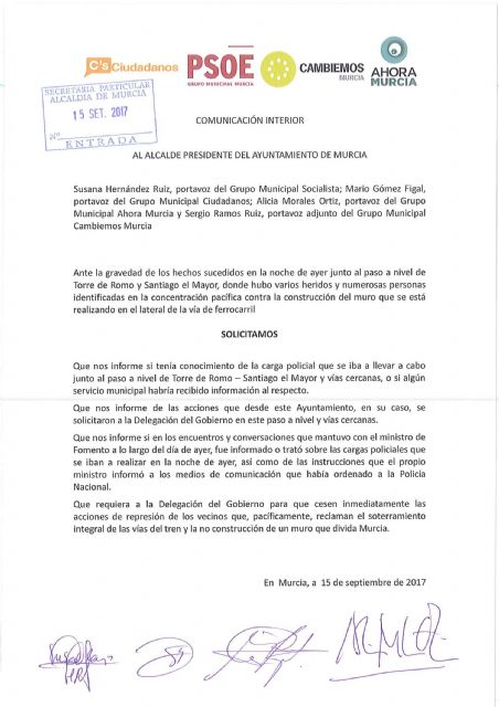 Comunicado conjunto grupos municipales PSOE, Ciudadanos, Cambiemos Murcia y Ahora Murcia