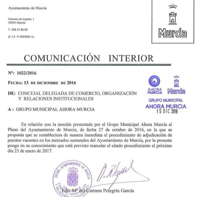 La adjudicación de vacantes de los mercados semanales se reanudará el 23 de enero tras la moción de Ahora Murcia