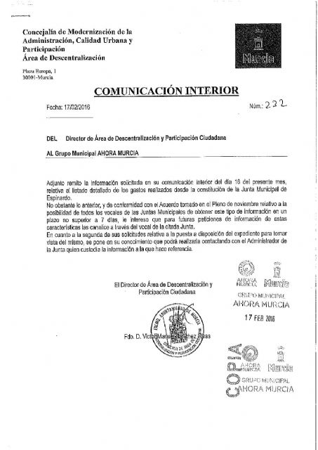 Ahora Murcia denuncia que Descentralización incumple sistemáticamente los acuerdos de Pleno y la Ley