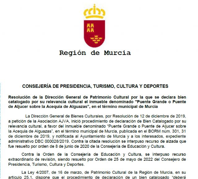 Aprobación definitiva protección cultural BiCaRC Puente de Aljucer en carretera del Palmar