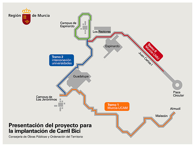 Imagen del mapa de vías ciclables que conectarán la avenida Juan Carlos I de Murcia con el campus de Espinardo
