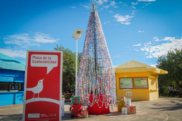 La Universidad de Murcia construye dos árboles de Navidad más de 56.000 tapones de plástico