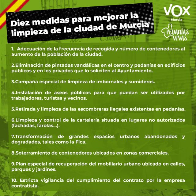 VOX presenta la campaña 'Murcia Limpia' ante el estado de abandono y suciedad en el que se encuentran la ciudad y las pedanías