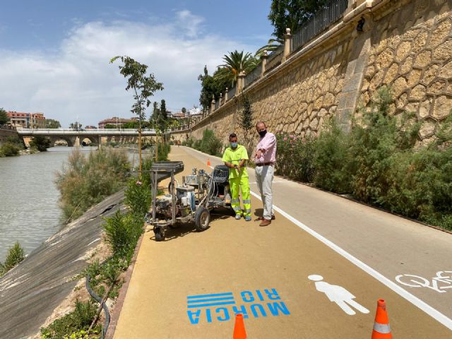 Nueva señalización horizontal a lo largo de 4.000 metros para el carril bici y los pasos peatonales de Murcia Río